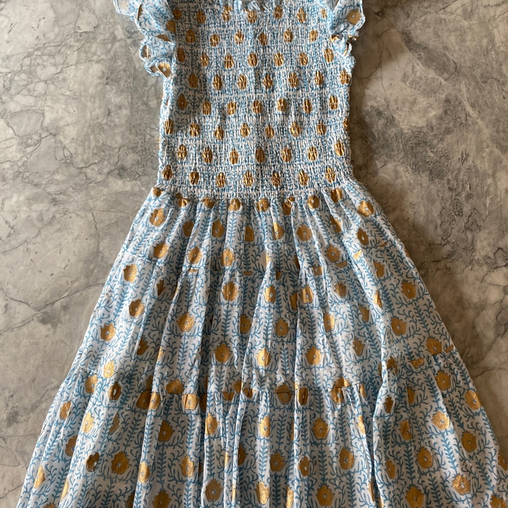 Oliphant Design Hand Block Printed Smocked Dress with Ruffle Collar & Sleeve. XS